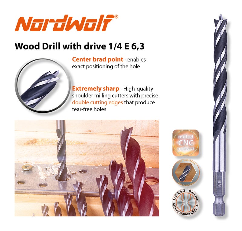 NordWolf 12-Piece Brad Point Wood Drill Bit Set for Carpenter Woodworking, Double Flutes Design with 1/4"" Hex Shank, SAE Sizes 1/8"" to 1/2"" - Image 3